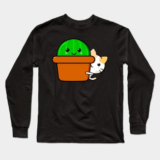 Cute Kawaii cat peeking out behind cactus Long Sleeve T-Shirt